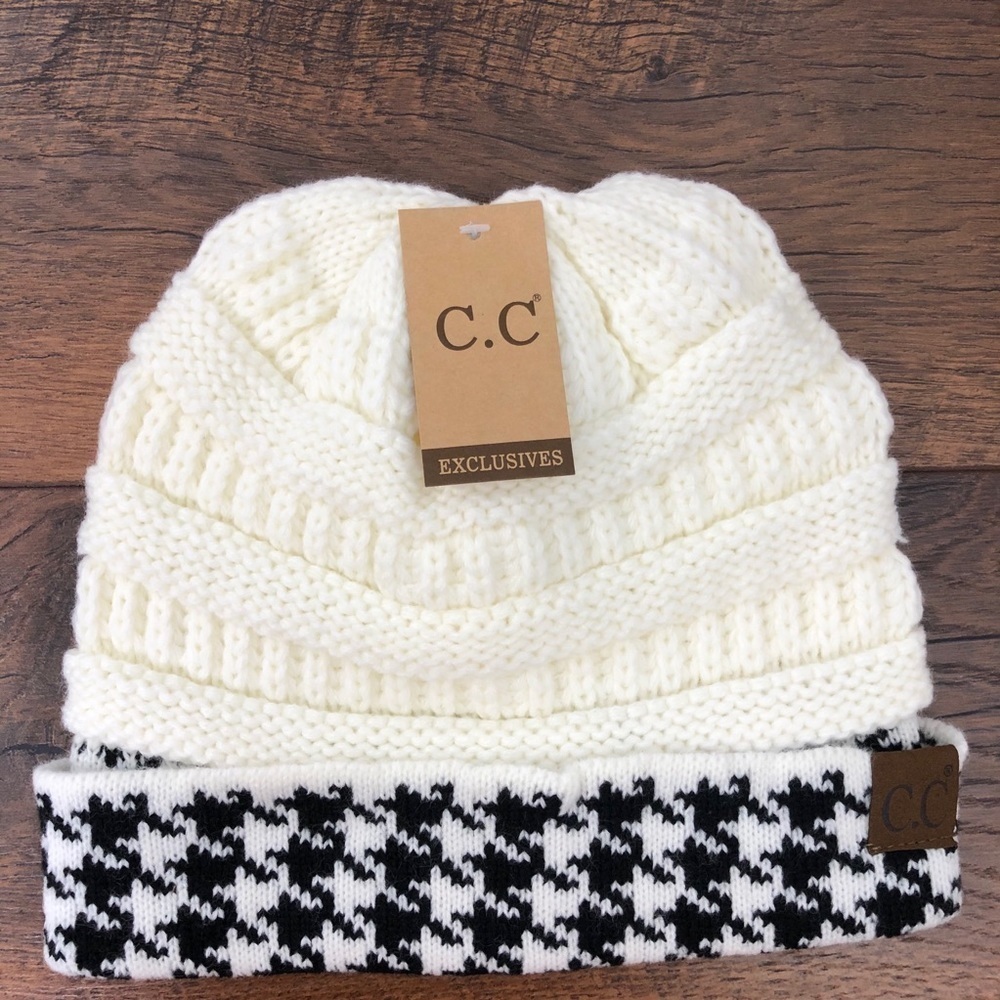 CC Beanie Hat Cap with Houndstooth‎ Cuff